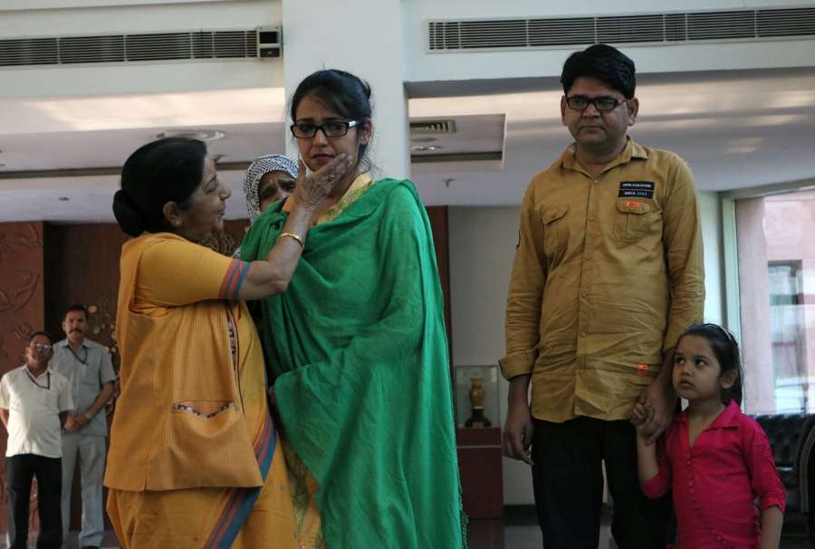 New Delhi: External Affairs Minister Sushma Swaraj with Uzma Ahmed, who alleged she was forced to marry a Pakistani man in New Delhi, on May 25, 2017. (Photo: IANS) by . 