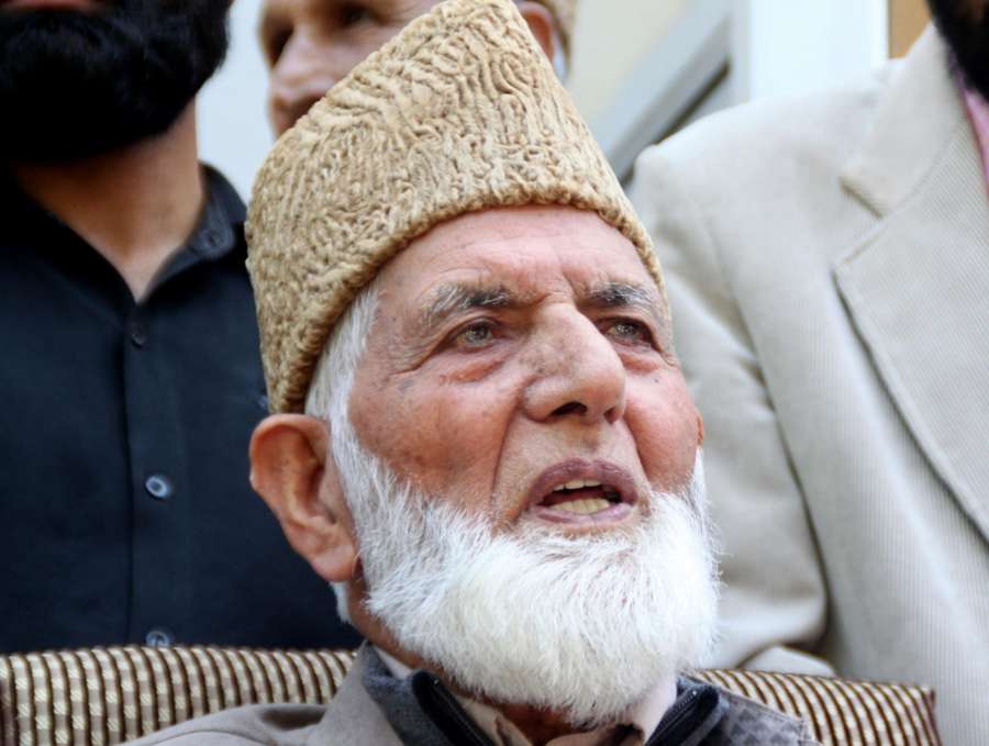 Srinagar: Hurriyat Conference Chairman Syed Ali Shah Geelani addresses a press conference in Srinagar on May 2, 2016. (Photo: IANS) by .