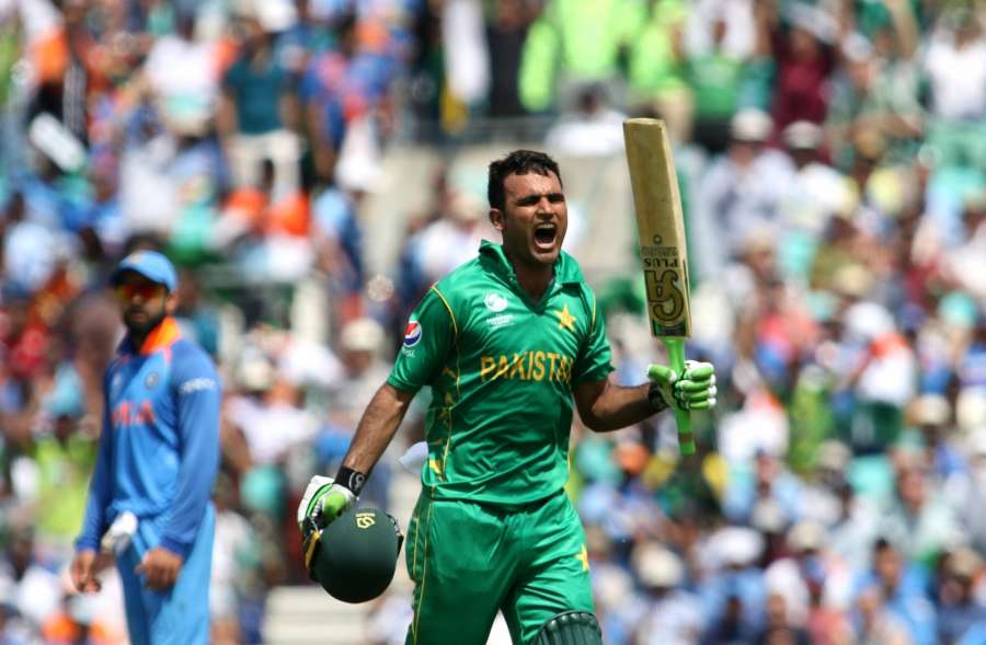 London : Fakhar Zaman of Pakistan celebrates his century during the ICC Champions Trophy Final match between India and Pakistan at Kennington Oval in London on June 18, 2017. (Photo: Surjeet Yadav/IANS) by . 