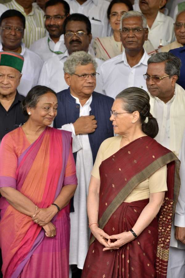 New Delhi: UPA's presidential candidate Meira Kumar arrives at Parliament to file her nomination papers with Congress President Sonia Gandhi, Sitaram Yechury (CPI-M) Siddaramaiah (Congress) and others on June 28, 2017. (Photo: IANS) by . 