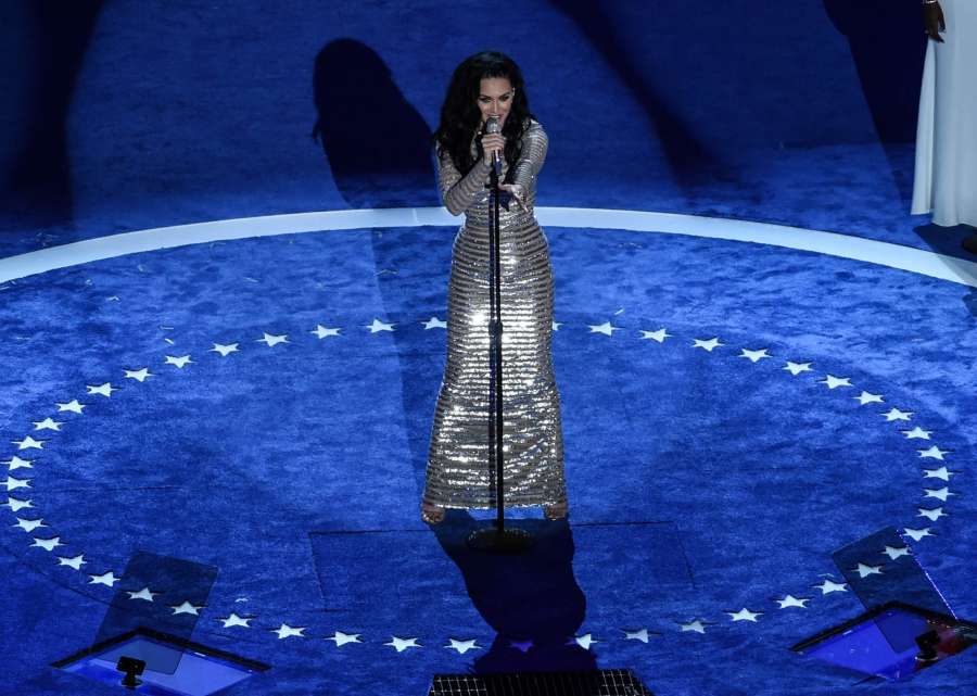 PHILADELPHIA, July 29, 2016 (Xinhua) -- Singer Katy Perry performs on the last day of the 2016 Democratic National Convention in Philadelphia, Pennsylvania, the United States, July 28, 2016. (Xinhua/Li Muzi/IANS) by . 