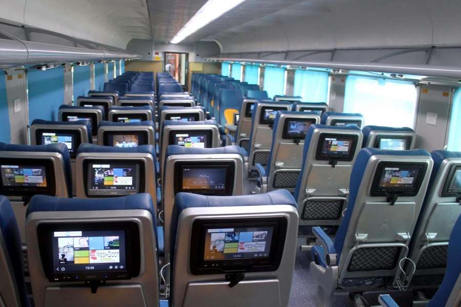 New Delhi: An inside view of countryâs first Tejas rake that offers enhanced passenger comfort, communications and entertainment facilities stationed at Safdarjung railway station in New Delhi on May 19, 2017. The 20-coach train has been manufactured at the Rail Coach Factory (RCF) in Kapurthala. (Photo: IANS) by . 