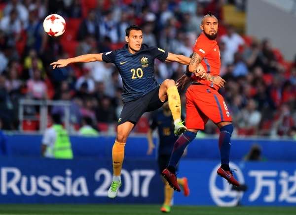 Moscow: (L to R): Australia's Trent Sainsbury and Chile's Arturo Vidal during the 2017 FIFA Confederations Cup match between Chile and Australia at Spartak Stadium, Moscow, Russia on June 25, 2017. (Photo: GRIGORIY SISOEV/SPUTNIK/IANS) by . 