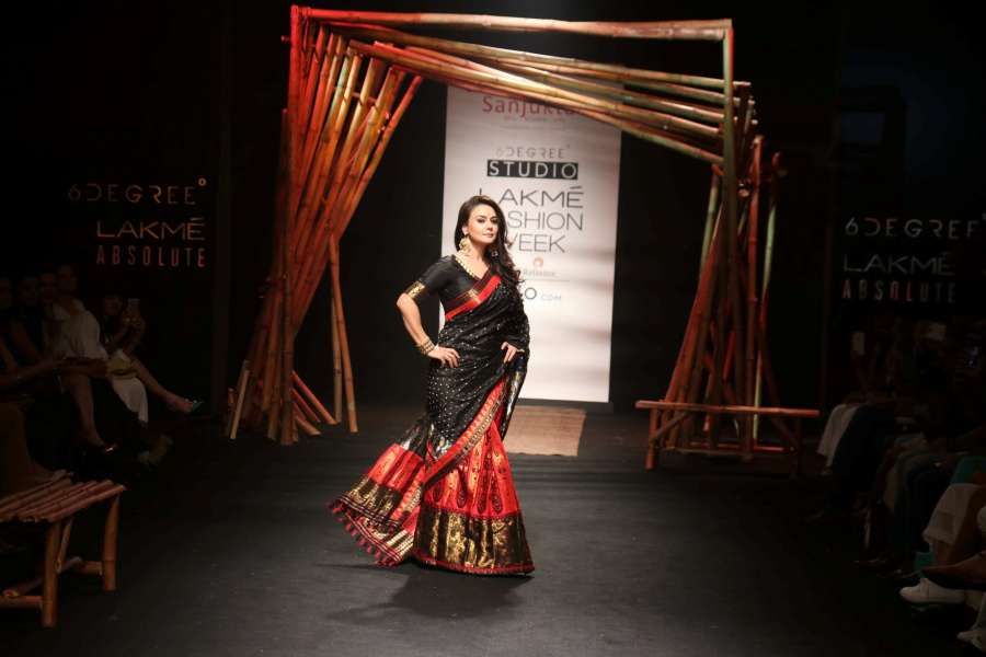 Mumbai: Actress Preity Zinta displays the creation of fashion designer Sanjukta Dutta during the Lakme Fashion Week Summer/Resort 2017, in Mumbai, on Feb 2, 2017. (Photo: IANS) by . 