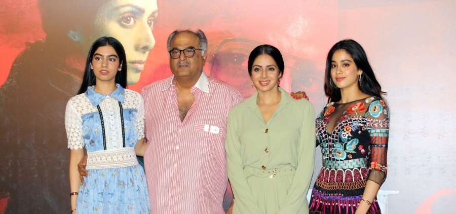 Mumbai: Actress Sridevi and producer Boney Kapoor along with their daughter Khushi Kapoor and Jahnavi Kapoor during the trailer launch of their upcoming film "Mom" in Mumbai, on June 3, 2017. (Photo: IANS) by . 