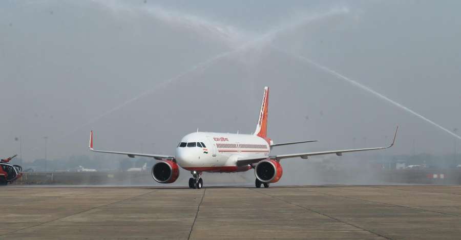 New Delhi: Air India Airbus A-320 Neo gets Water Canon Salute as it lands in New Delhi on Feb 16, 2017. (Photo: IANS) by . 