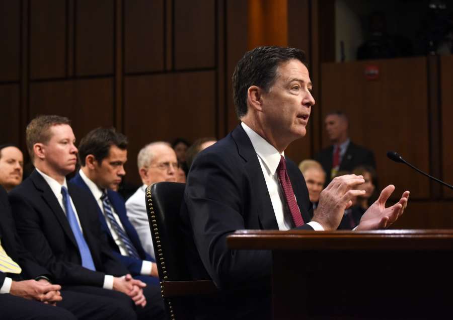 WASHINGTON, June 8, 2017 (Xinhua) -- Former Director of Federal Bureau of Investigations James Comey speaks during a Senate Intelligence Committee hearing on Capitol Hill, in Washington D.C., the United States, on June 8, 2017. James Comey said Thursday during a Senate hearing that Trump in his words did not order the FBI to drop the investigation on former National Security Advisor Michael Flynn. (Xinhua/Yin Bogu/IANS) by . 