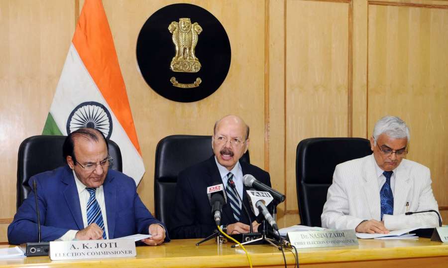 New Delhi: Chief Election Commissioner Dr. Nasim Zaidi addresses the press conference on Presidential Election, in New Delhi on June 7, 2017. Also seen Election Commissioners AK Joti and OP Rawat. (Photo: IANS) by . 