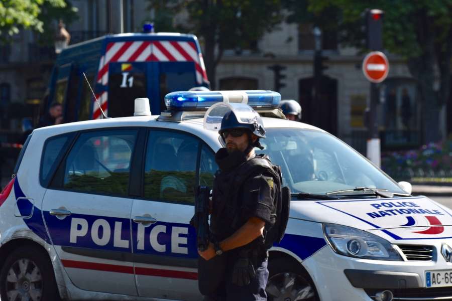 PARIS, June 19, 2017 (Xinhua) -- Police officers patrol near the Champs-Elysees avenue on June 19, 2017 in Paris, France. A car rammed into a police van Monday on the Champs-Elysees avenue in Paris before bursting into flames, French Interior Minister Gerard Collomb said. (Xinhua/Li Genxing/IANS) by . 