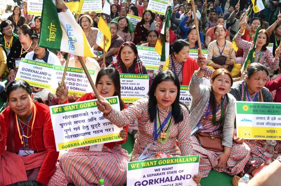 New Delhi: Gorkha Janmukti Morcha workers stage a demonstration to press for their demands of separate state of Gorkhaland at Jantar Mantar in New Delhi on Dec 12, 2016. (Photo: IANS) by . 