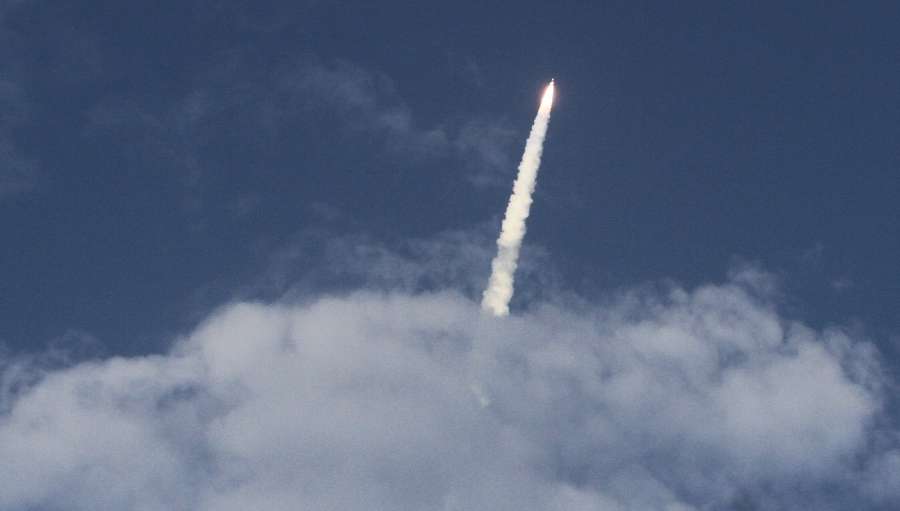 Chennai: India's brand new and heaviest rocket - the Geosynchronous Satellite Launch Vehicle-Mark III (GSLV-Mk III) - with the 3,136 kg communication satellite GSAT-19 on board, seen tearing into the sky from Chennai after it blasted off from the Sriharikota spaceport on June 5, 2017. (Photo: IANS) by . 