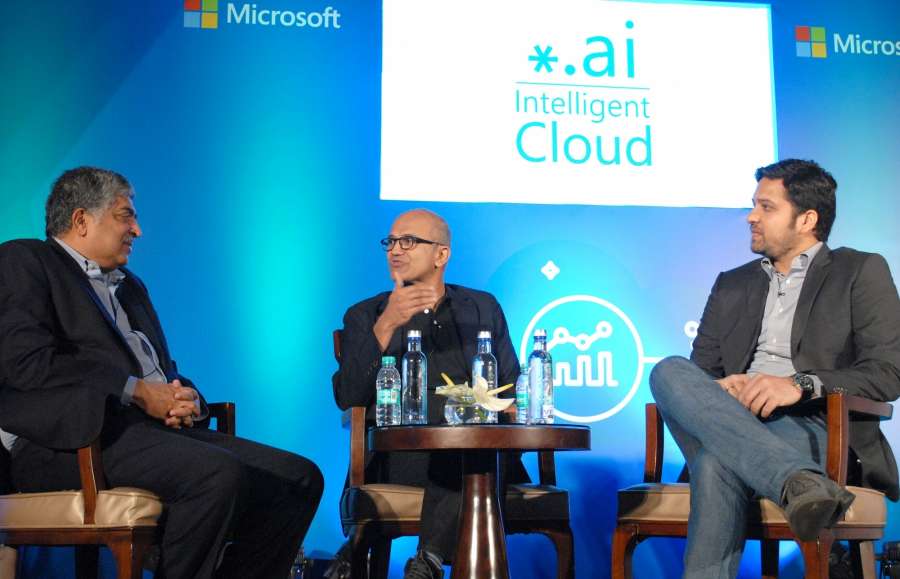 Bengaluru: Microsoft CEO Satya Nadella, Infosys co-founder and founder chairman of UIDAI Nandan Nilekani and Flipkart group CEO Binny Bansal during an event on startup stalwarts of India about digital information, intelligent Cloud in Bengaluru on Feb 20, 2017. (Photo: IANS) by .