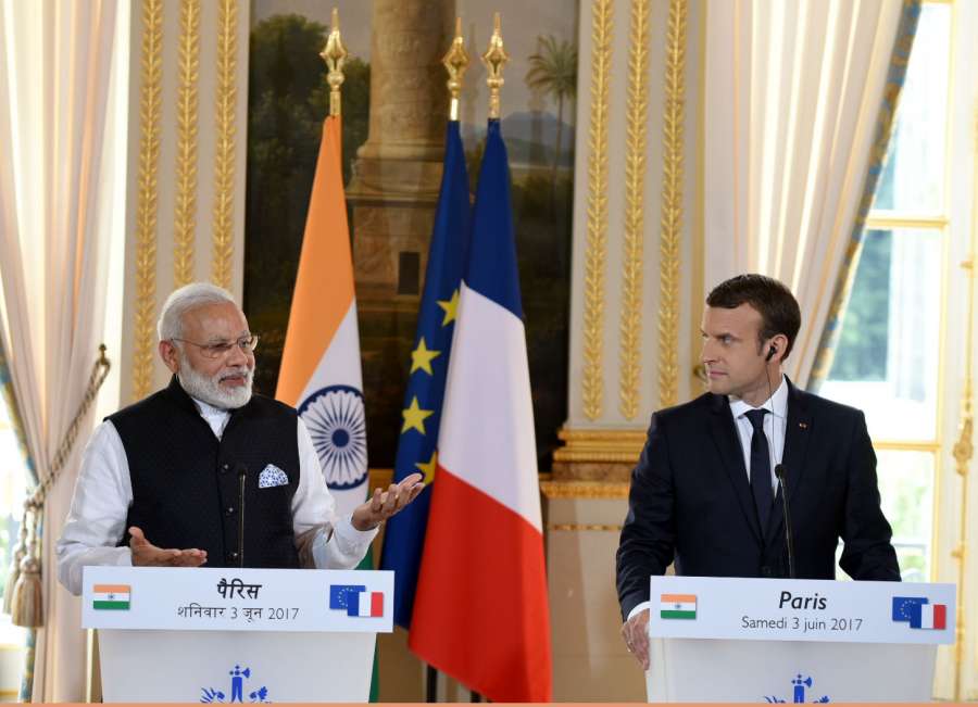 Paris: Prime Minister Narendra Modi and French President Emmanuel Macron at the joint press meet, in Paris on June 3, 2017. (Photo: IANS/PIB) by . 