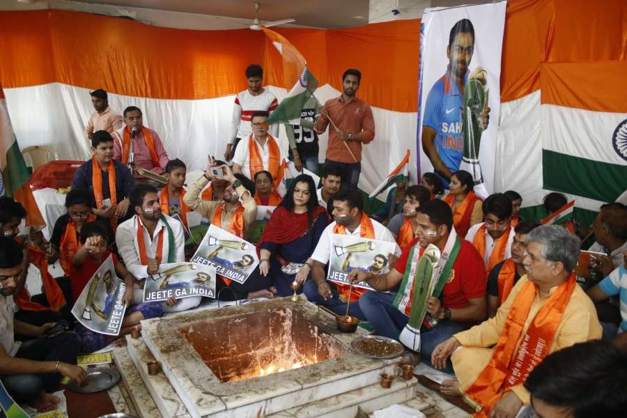 New Delhi: Cricket fans organise havan for victory of India during an ICC Champions Trophy match against Pakistan in New Delhi on June 4, 2017. The mach is being played at Edgbaston, Birmingham in UK. (Photo: IANS) by . 