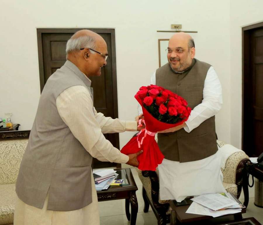New Delhi: Bihar Governor Ram Nath Kovind and the Presidential candidate of the ruling National Democratic Alliance (NDA) meets BJP chief Amit Shah in New Delhi on June 19, 2017. (Photo: IANS) by . 