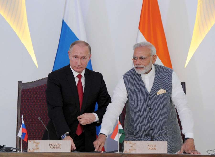 Goa: Prime Minister Narendra Modi and Russian President Vladimir Putin witness the laying of Foundation Concrete of the Kudankulam Nuclear Power Plant Units-3 and 4 in Goa on Oct 15, 2016. (Photo: IANS/PIB) by . 
