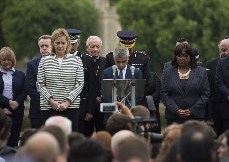 LONDON, June 5, 2017 (Xinhua) -- London Mayor Sadiq Khan (C) attends a mourning for the victims of the London Bridge attack in London, Britain, on June 5, 2017. The London Bridge attack occured on Saturday claimed seven lives and injured 48 others. (Xinhua/IANS) by . 