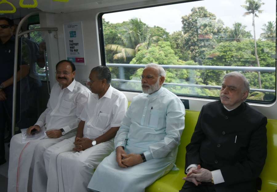 Kochi: Prime Minister Narendra Modi and other dignitaries take a ride on Kochi Metro, in Kerala on June 17, 2017. (Photo: IANS/PIB) by . 