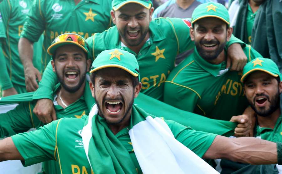 London : Pakistani players celebrate after winning the ICC Champions Trophy at Kennington Oval in London on June 18, 2017. (Photo: Surjeet Yadav/IANS) by . 
