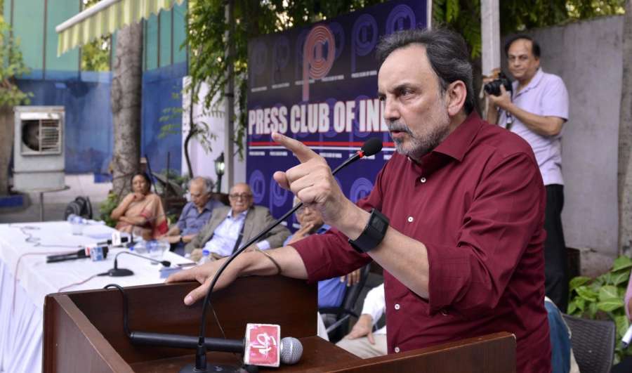 New Delhi: NDTV co-founder Prannoy Roy addresses a during protest meet organised at the Press Club of India following CBI searches at his houses; in New Delhi, on June 9, 2017. (Photo: IANS) by . 