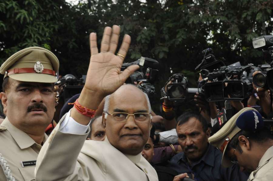 Patna: Bihar Governor Ram Nath Kovind leaves for Delhi after being declared Presidential candidate of the ruling National Democratic Alliance (NDA) in Patna on June 19, 2017. (Photo: IANS) by . 