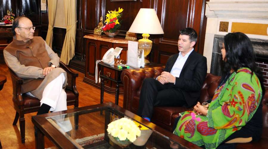 New Delhi: Uber Founder and CEO Travis Kalanick meets the Union Minister for Finance and Corporate Affairs Arun Jaitley in New Delhi on Dec 14, 2016. (Photo: IANS/PIB) by . 