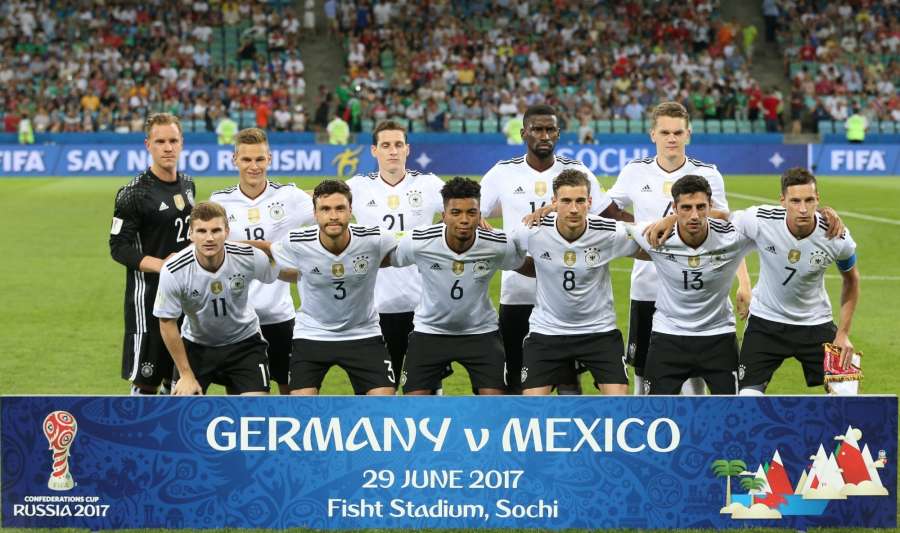 SOCHI, June 30, 2017 (Xinhua) -- Team Germany pose for a group photo prior to the semifinal match of the 2017 FIFA Confederations Cup against Mexico in Sochi, Russia, June 29, 2017. Germany won 4-1. (Xinhua/Xu Zijian/IANS) by . 