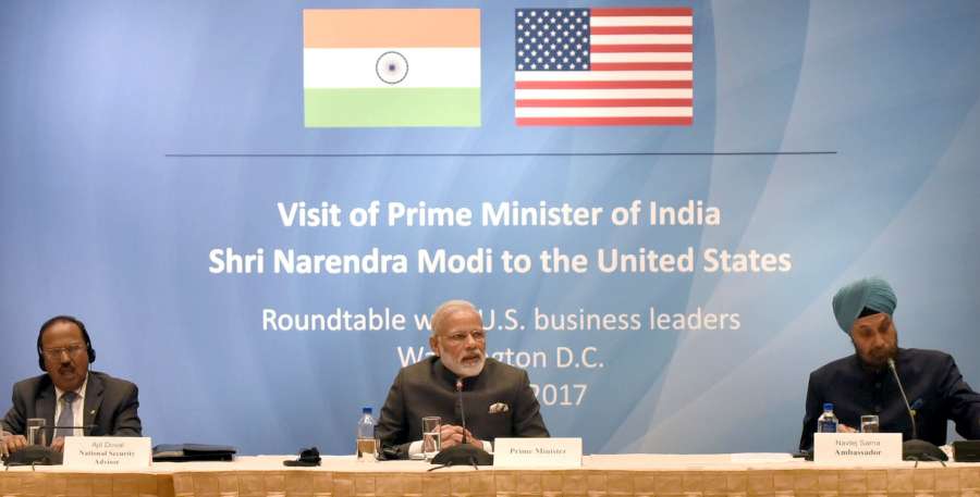 Washington: Prime Minister Narendra Modi in a round-table meeting with the US Business Leaders, at Washington DC, USA on June 25, 2017. (Photo: IANS/PIB) by . 