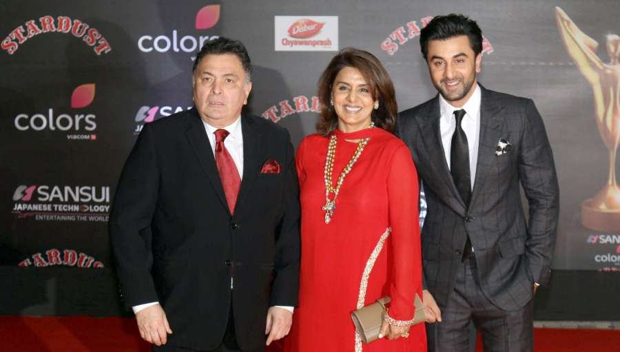 Mumbai: Actors Rishi Kapoor along with his wife Neetu Singh and son Ranbir Kapoor during Sansui Colors Stardust Awards 2016 in Mumbai on Dec 19, 2016. (Photo: IANS) by . 