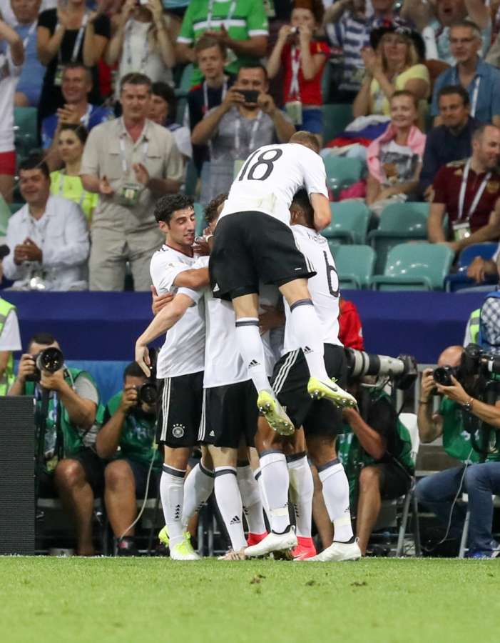 SOCHI, June 30, 2017 (Xinhua) -- Players of Germany celebrate after Leon Goretzka scores their first goal during the semifinal match of the 2017 FIFA Confederations Cup against Mexico in Sochi, Russia, June 29, 2017. Germany won 4-1. (Xinhua/Xu Zijian/IANS) by . 