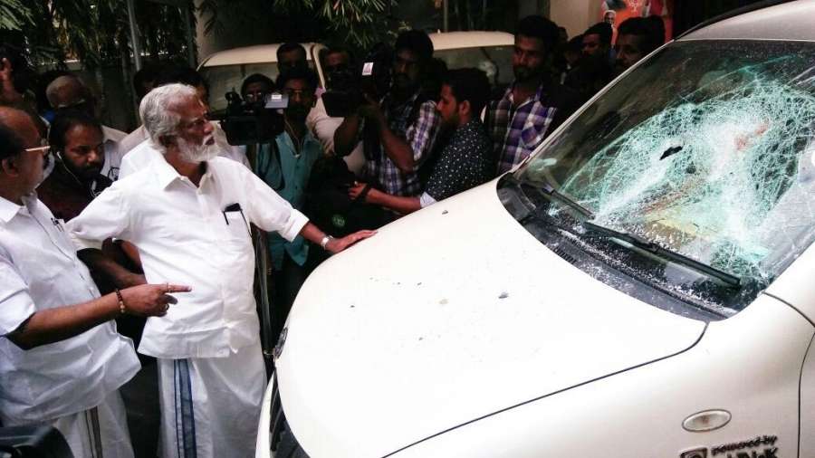 Thiruvananthapuram: A vehicle with damaged windscreen at BJP office that was vandalised in Thiruvananthapuram on July 27, 2017. (Photo: IANS) by .