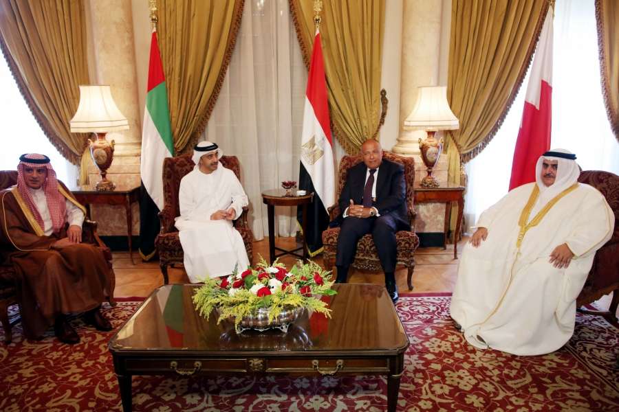 CAIRO, July 5, 2017 (Xinhua) -- Egyptian Foreign Minister Sameh Shoukry (2nd R) meets with Saudi Foreign Minister Adel Al-Jubeir (1st L), United Arab Emirates (UAE) Minister of Foreign Affairs Sheikh Abdullah Bin Zayed (2nd L) and Bahraini Foreign Minister Sheikh Khalid bin Ahmed Al Khalifa (1st R) in Cairo, Egypt, on July 5, 2017. Egyptian Foreign Minister Sameh Shoukry said on Wednesday that Qatar's response to the demands of Egypt and Gulf countries was "very negative." (Xinhua/STR/IANS) by . 