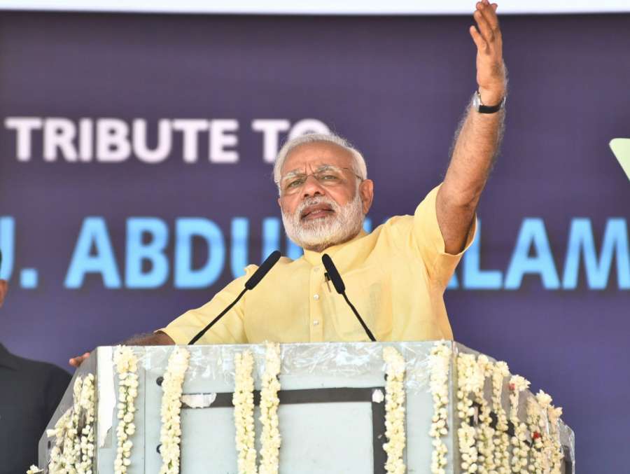 Rameswaram: Prime Minister Narendra Modi address at a public meeting at Rameswaram, Tamil Nadu on July 27, 2017. (Photo: IANS/PIB) by .
