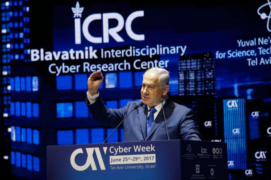 TEL AVIV, June 26, 2017 (Xinhua) -- Israeli Prime Minister Benjamin Netanyahu delivers a speech during a Cyber Week Conference in Tel Aviv, Israel, on June 26, 2017.(Xinhua/Gil Cohen Magen/IANS) by . 