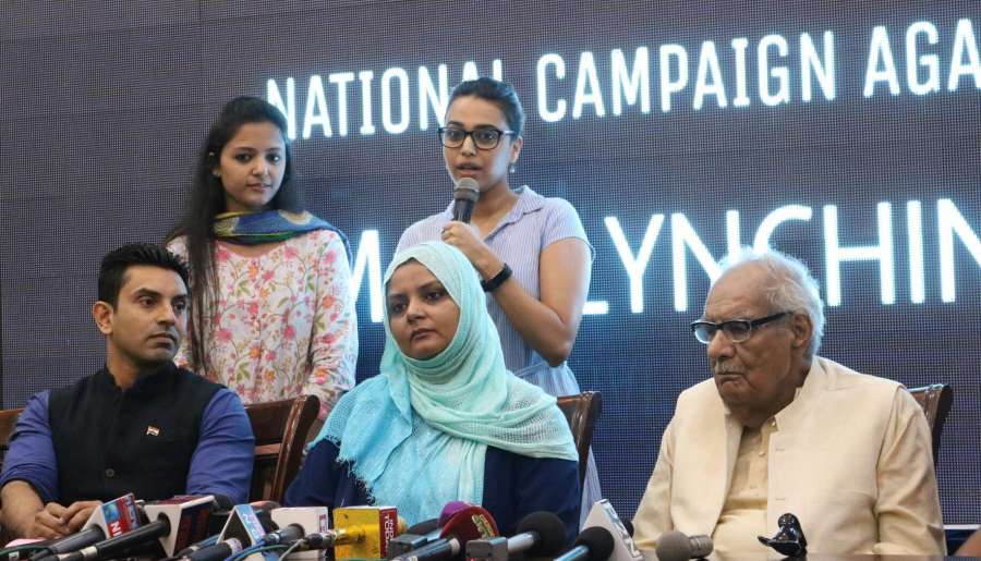 New Delhi: Actress Swara Bhaskar, AISA activist Shehla Rashid and others during a programme organised to launch National Campaign against Mob-lynching in New Delhi, on June 5, 2017. (Photo: IANS) by .