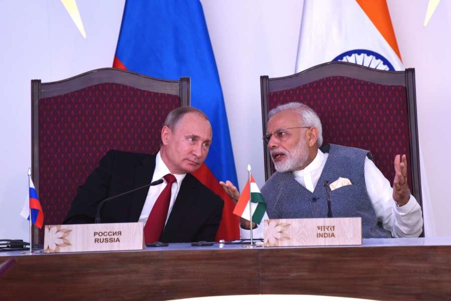 Goa: Prime Minister Narendra Modi and Russian President Vladimir Putin witness the laying of Foundation Concrete of the Kudankulam Nuclear Power Plant Units-3 and 4 in Goa on Oct 15, 2016. (Photo: IANS) by . 
