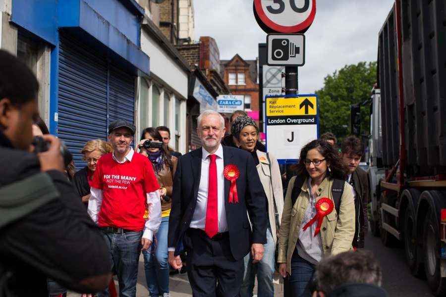 LONDON, June 8, 2017 (Xinhua) -- Leader of Britain's main opposition Labour Party Jeremy Corbyn (Front C) walks to the polling station in London, Britain on June 8, 2017. (Xinhua/Richard Washbrooke/IANS) (lrz) by . 