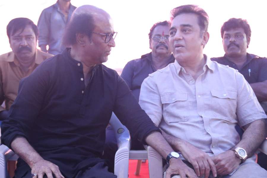 Chennai: Actors Kamal Haasan and Rajinikanth join demonstrators in favour of Jallikattu in Chennai on Jan 20, 2017. (Photo: Parthibhan/IANS) by .