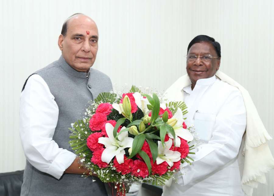 New Delhi: Puducherry Chief Minister V. Narayanasamy calls on the Union Home Minister Rajnath Singh, in New Delhi on Dec 9, 2016. (Photo: IANS/PIB) by .