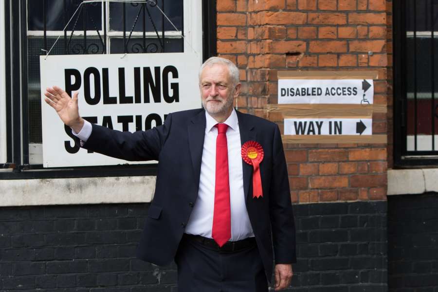 LONDON, June 8, 2017 (Xinhua) -- Leader of Britain's main opposition Labour Party Jeremy Corbyn gestures in front of a polling station in London, Britain on June 8, 2017. (Xinhua/Richard Washbrooke/IANS) (lrz) by . 
