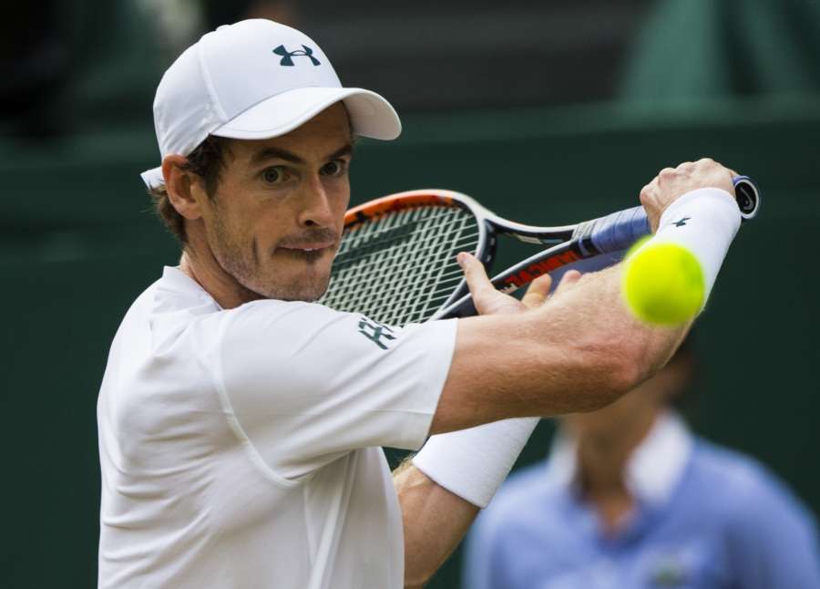 LONDON, July 8, 2017 (Xinhua) -- Andy Murray of Britain hits a return during the men's singles third round match against Fabio Fognini of Italy at the Championship Wimbledon 2017 in London, Britain, on July 7, 2017. Murray won 3-1. (Xinhua/Jin Yu/IANS) by . 