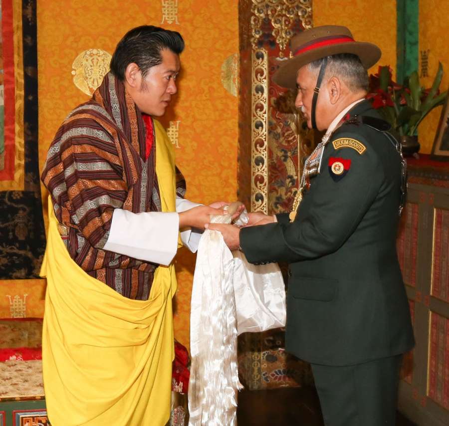 Thimpu: Chief of Army Staff, General Bipin Rawat meets Bhutan King His Majesty Jigme Khesar Namgyel Wangchuck at Tashi Chhodzong Palace in Thimpu on April 28, 2017. (Photo: IANS/PIB) by . 