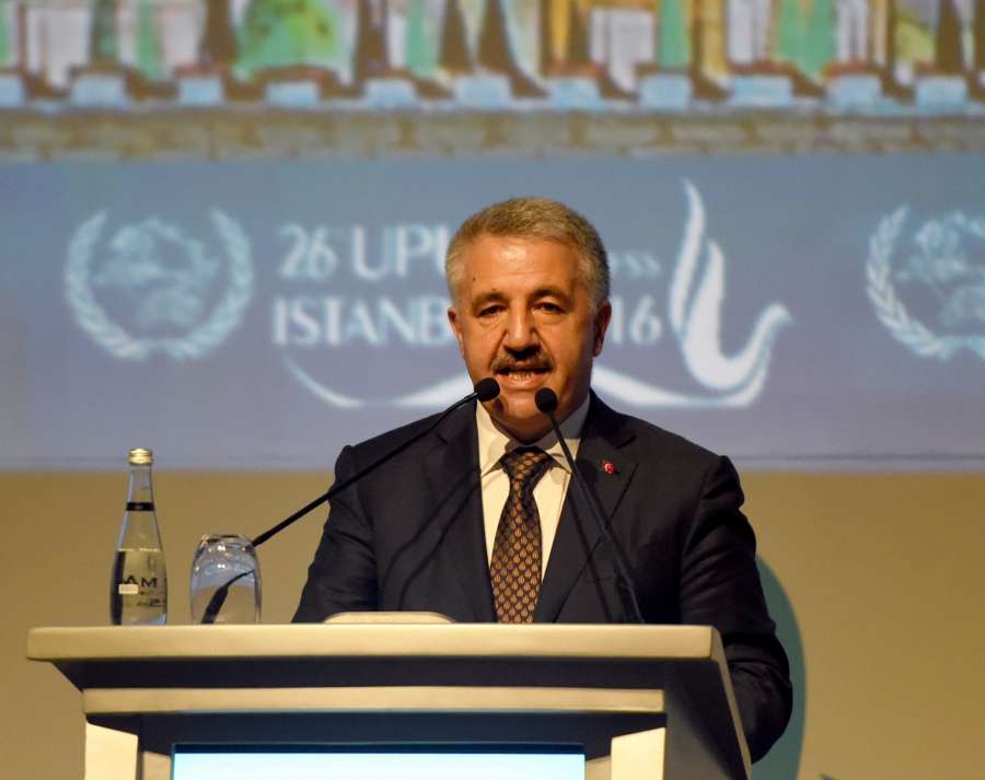 ISTANBUL, Oct. 4, 2016(Xinhua) -- Turkey's minister of transport, maritime and communication Ahmet Arslan delivers a speech at the ministerial meeting of the 26th Universal Postal Congress in Istanbul, Turkey, on Oct. 4, 2016. E-commerce and drone technology are seen as fresh impetus to the world's postal sector, as a Universal Postal Congress underway here has been exploring the best means to face the fierce competition. (Xinhua/He Canling/IANS) by . 