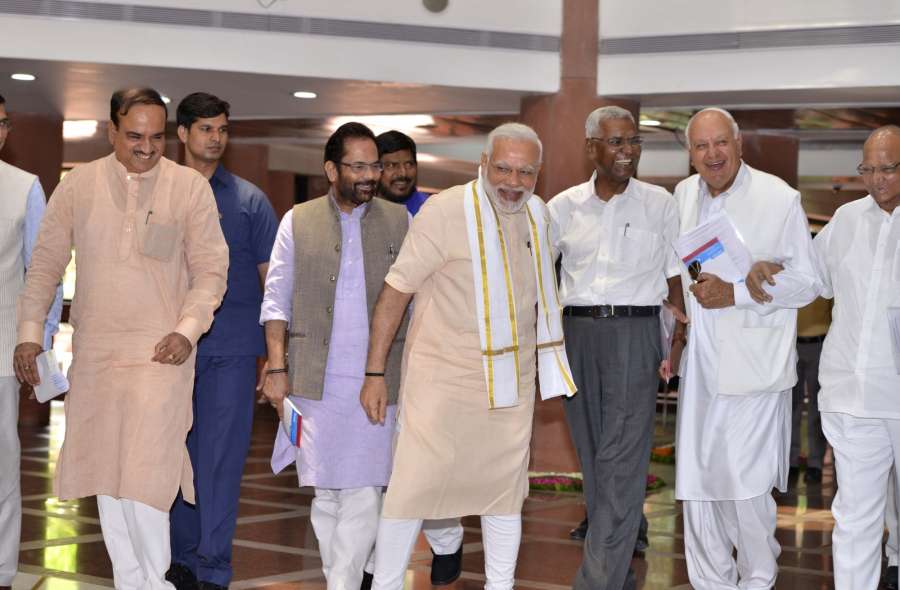 New Delhi: Prime Minister Narendra Modi with NCP chief Sharad Pawar, National Conference President Farooq Abdullah, CPI General Secretary D Raja, Union Ministers Ananth Kumar and Mukhtar Abbas Naqvi arrive to attend an all-party meeting ahead of the monsoon session of Parliament, in New Delhi on July 16, 2017. (Photo: IANS) by .