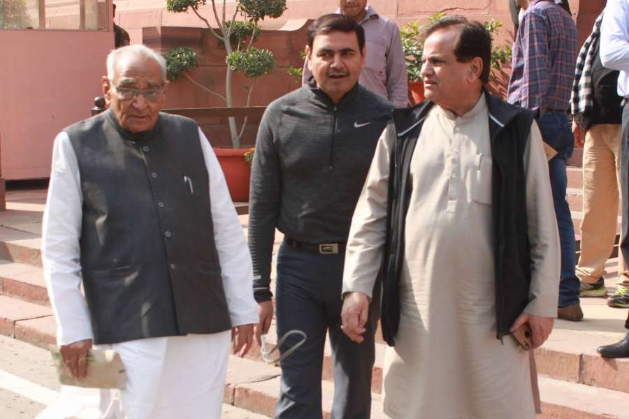 New Delhi: (L to R) Congress leaders Motilal Vora and Ahmed Patel at the Parliament on Nov 21, 2016. (Photo: Amlan Paliwal/IANS) by .