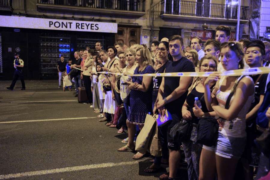 BARCELONA, Aug. 18, 2017 (Xinhua) -- A nearby street is cordoned off following a terrorist attack in central Barcelona, Spain, on Aug. 18, 2017. Thirteen people were confirmed dead and more than 100 others injured, with some of them in very serious condition in Barcelona terror attack on Thursday afternoon, a Spanish official said. (Xinhua/Han Chong/IANS) by .