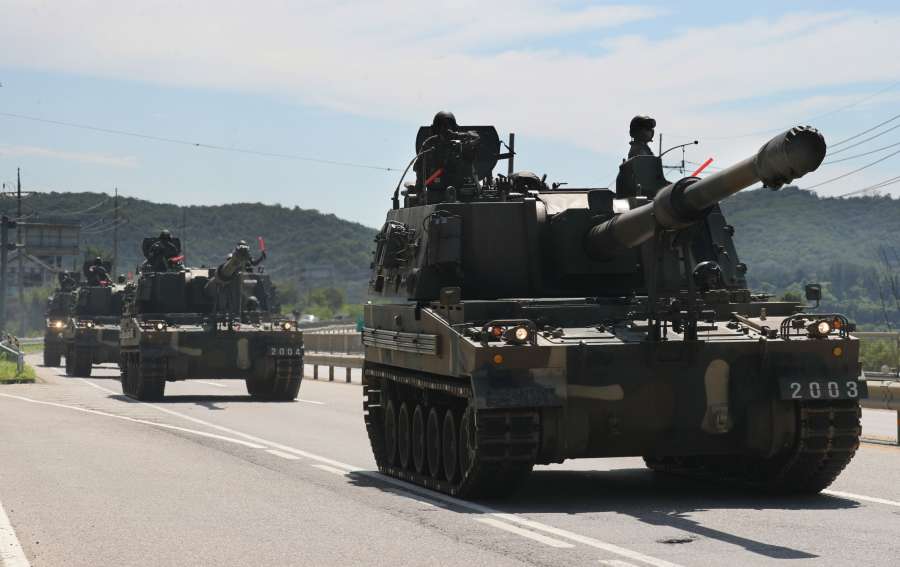 A group of K-9 self-propelled howitzers are moved near the inter-Korean border in Paju, north of Seoul, on Aug. 29, 2017, after North Korea fired an intermediate ballistic missile over northern Japan into the sea earlier in the day. (Yonhap/IANS) by .
