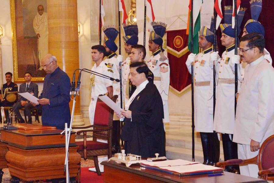 New Delhi: President Ram Nath Kovind administering the oath of office to Justice Dipak Misra as Chief Justice of India at the Swearing-In-Ceremony in Rashtrapati Bhavan on Aug. 28, 2017. (Photo: IANS/RB) by .