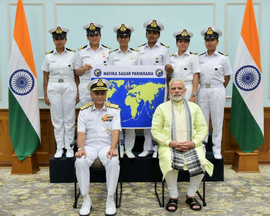 New Delhi: Prime Minister Narendra Modi with the six women officers of the Indian Navy who are due to circumnavigate the globe on the sailing vessel INSV Tarini in New Delhi on Aug 16, 2017. Also seen Chief of Naval Staff, Admiral Sunil Lanba. (Photo: IANS/PIB) by .