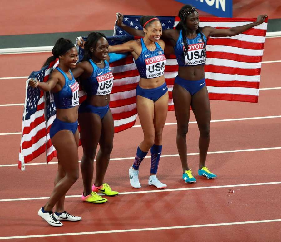 LONDON, Aug. 13, 2017 -- Athletes of the United States celebrate after winning the women's 4x100m relay final on Day 9 at the IAAF World Championships 2017 in London, Britain on Aug. 12, 2017. Team of the United States claimed the title with 41.82 seconds. (Xinhua/Luo Huanhuan/IANS) by .